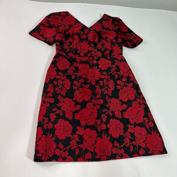 Talbots Dress Women's 8 Black & Red Bow Floral Jacquard A-Line Short Sleeve - Picture 1 of 10